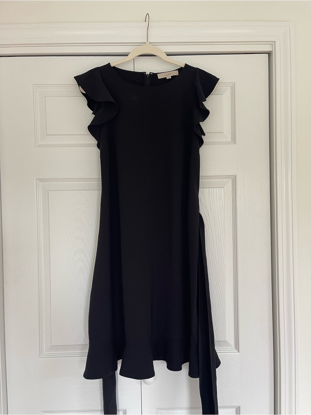 LOFT Black Ruffle Sleeve Belt Dress